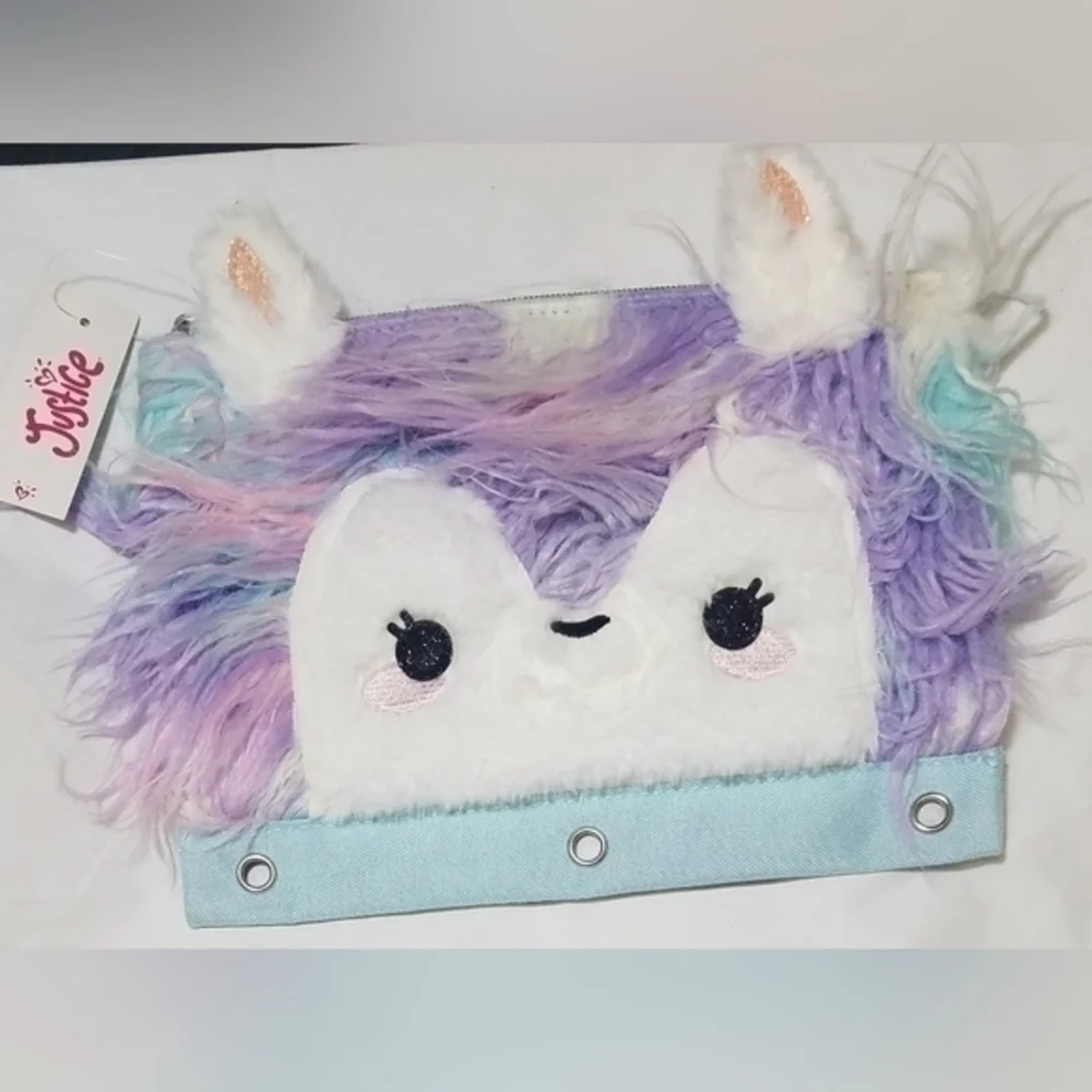 Justice Fuzzy Unicorn Themed Pencil/Pens Ring Binder Case